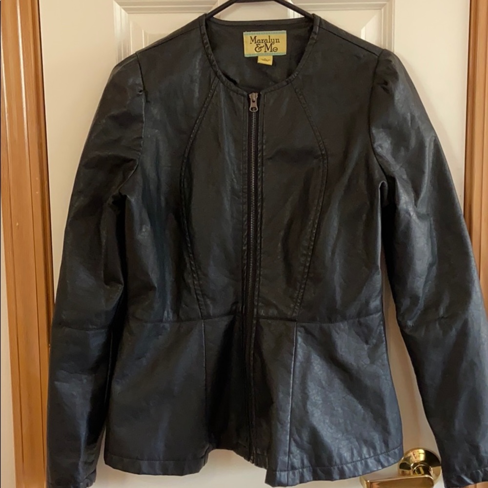 Black faux leather zip front jacket